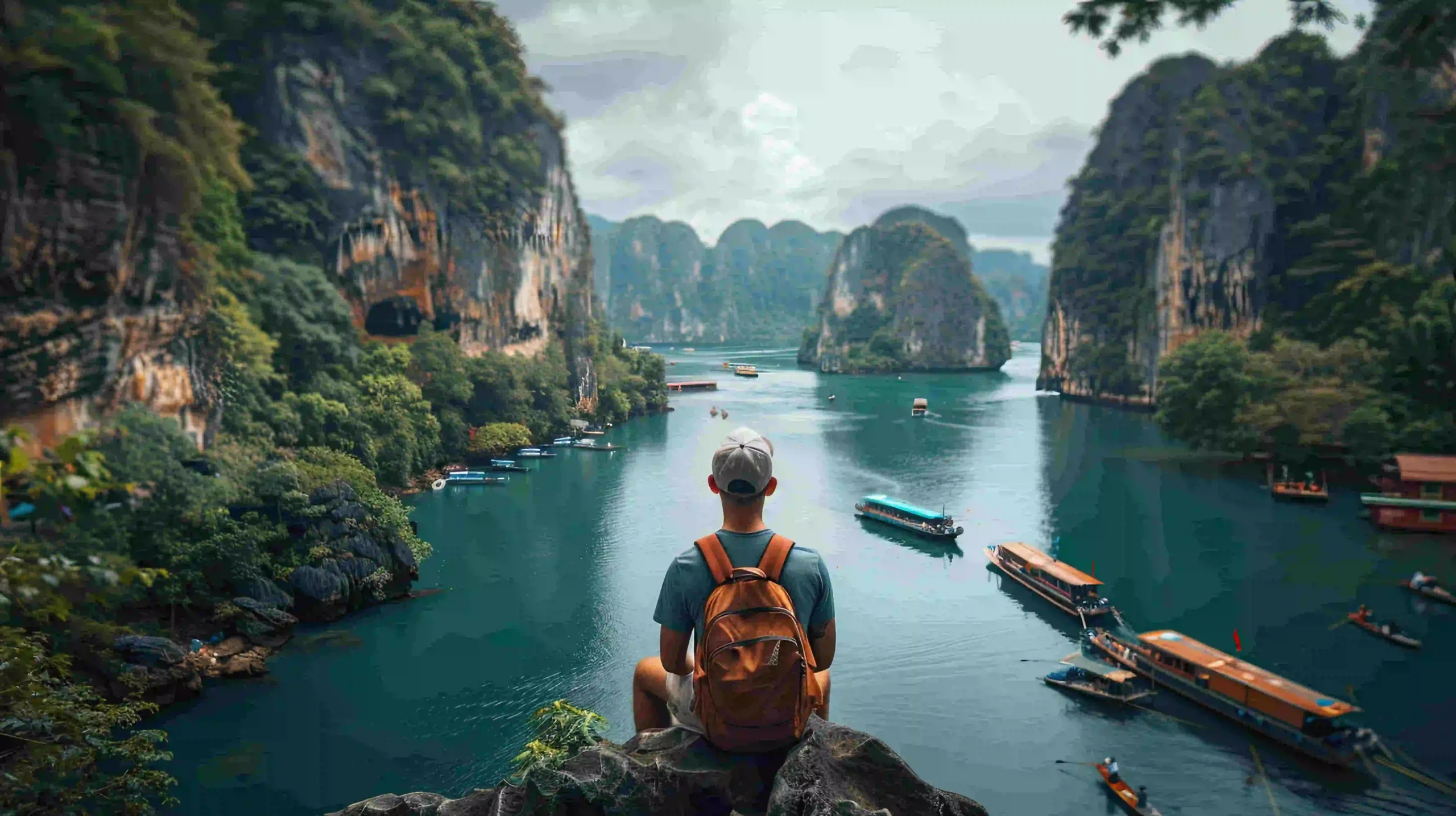 A man who sitting in rock with scenery of river.